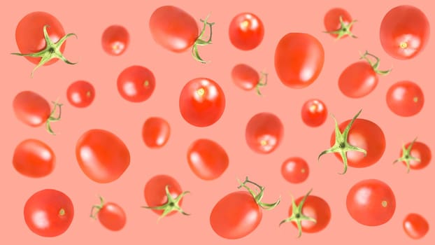 Creative levitation seamless pattern with many red ripe tomatoes on a pastel pink, selective focus.