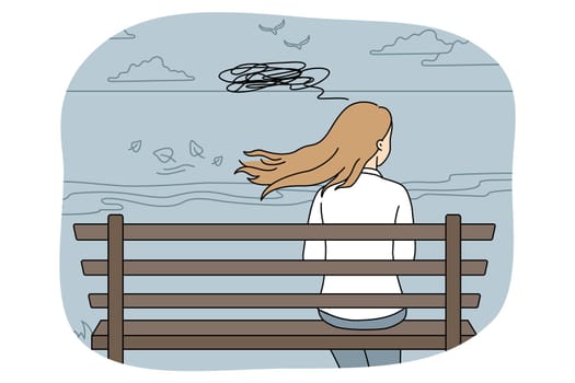 Woman sitting on bench thinking. Back view of female relax outdoors suffer from anxiety or depression overwhelmed with thoughts. Vector illustration.