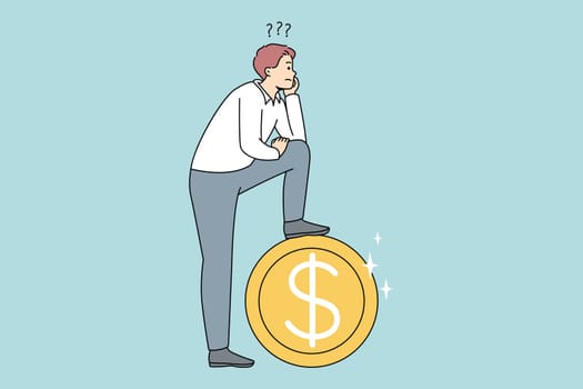 Frustrated man near huge coin thinking of financial problems. Confused male make decision plan about money and investment. Finances and expenses. Vector illustration.