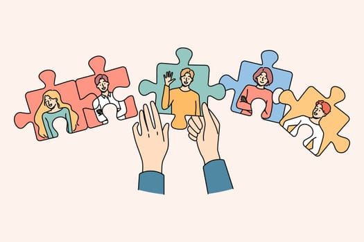 Hands joining jigsaw puzzles with employees engaged in employment and hr process. Recruiter looking for workers in team. Recruitment and hiring. Vector illustration.