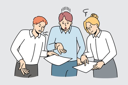 Colleagues fight about company paperwork. Businesspeople have misunderstanding or quarrel at workplace about document or report. Office problems. Vector illustration.