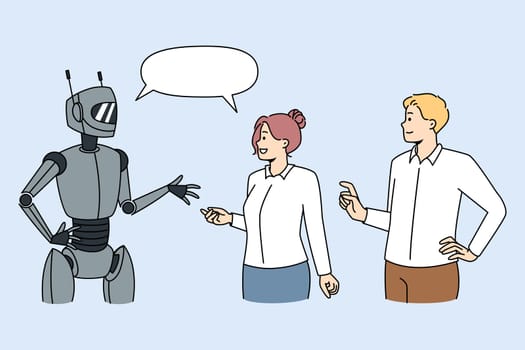 People talking with modern robot. Clients or users communicate with humanoid or chatbot get help support. Ai and technology concept. Vector illustration.