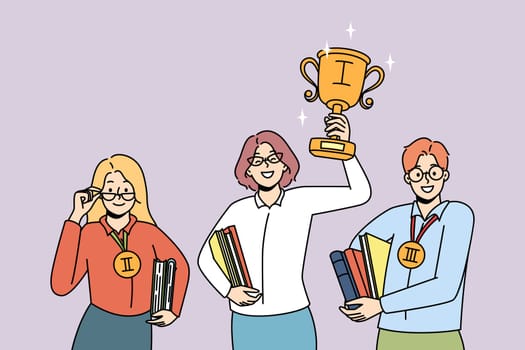 Smiling motivated woman holding golden trophy win first place. Happy clever people winners in competition. Education and success, personal achievement. Vector illustration.