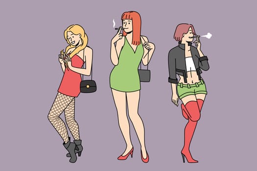 Group of girls in short dresses standing on street at night. Female prostitutes work outside. Vulgar girls in open apparel. Vector illustration.