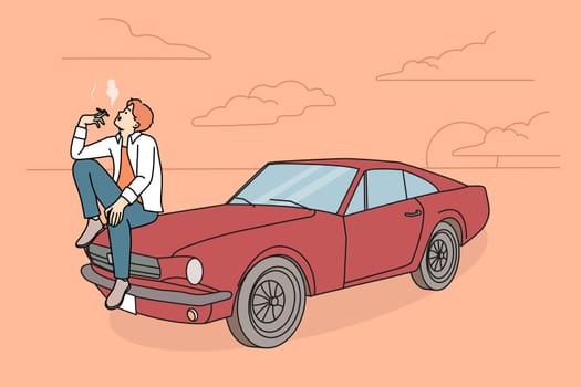 Cool young man sitting on retro car smoking. Guy relaxing near vintage automobile with cigarette. Vector illustration.