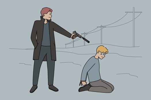 Killer holding gun in hands make control headshot in victim head. Gangster threaten man with hands tied. Crime and revenge concept. Vector illustration.