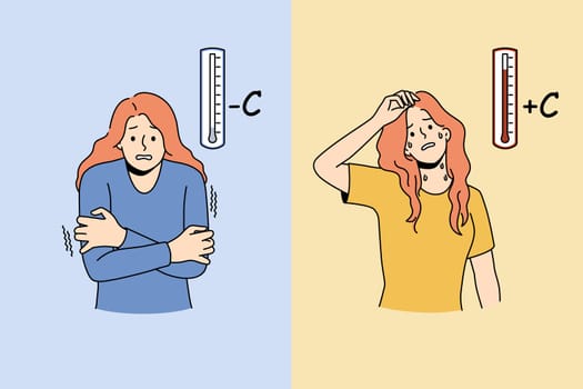 Young woman suffer from cold and hot weather. Unhappy unwell girl struggle with climate change. Winter and summer season problem. Vector illustration.