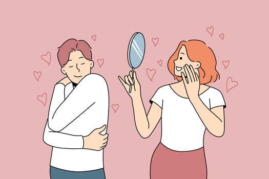 Happy people looking in mirror or hug themselves showing self-love and admiration. Man and woman loving inner beauty. Vector illustration.