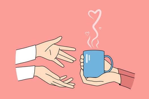 Person holding cup with hot drink give it to friend. People sharing hot coffee or tea. Concept of help and support. Vector illustration.
