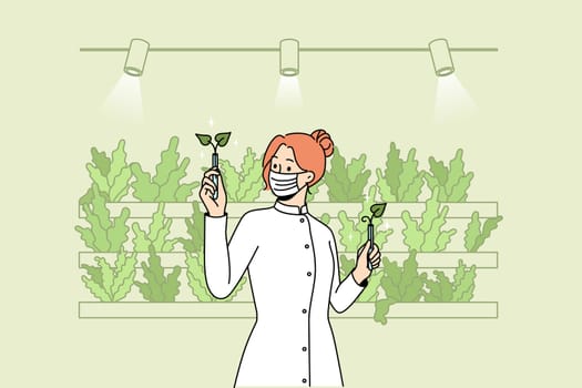 Scientist in uniform working with plants in greenhouse. Woman planting vegetables with aquaponics system at eco farm. Vector illustration.