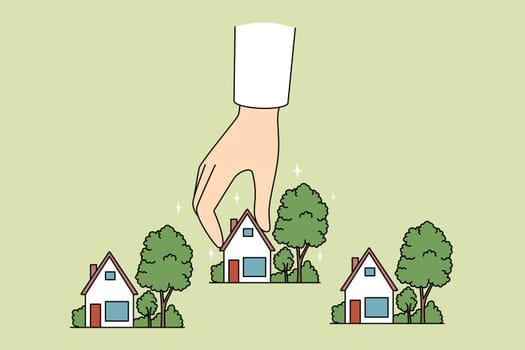 Real estate agent working with small house miniatures. Realtor or broker hand holding homes maquettes. Realty and rent concept. Vector illustration.
