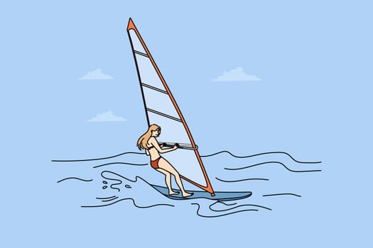 Woman in biking windsurfing in sea. Female have fun enjoy active extreme summer vacation. Vector illustration.