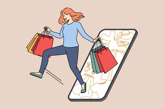 Excited young woman with bags shopping online on smartphone on seasonal sales. Smiling girl have fun buying on internet on cellphone. Consumerism. Vector illustration.