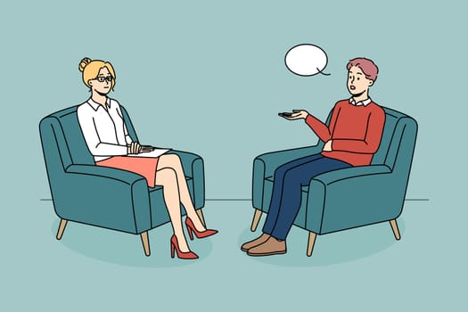 Man talking with female psychologist on session. Male patient sit in chair having psychotherapy session with counsellor. Mental health problem concept. Vector illustration.