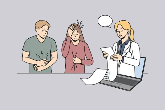 Frustrated patients confused with doctor long prescription recipe. Sick unhappy people with pain shocked with recipe from online therapist. Vector illustration.
