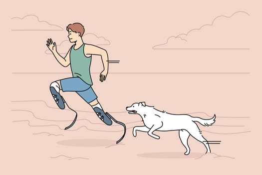 Athlete with prostheses running with dog on beach. Man with prosthetic legs training jogging with pet outdoors. Sport and disability. Vector illustration.
