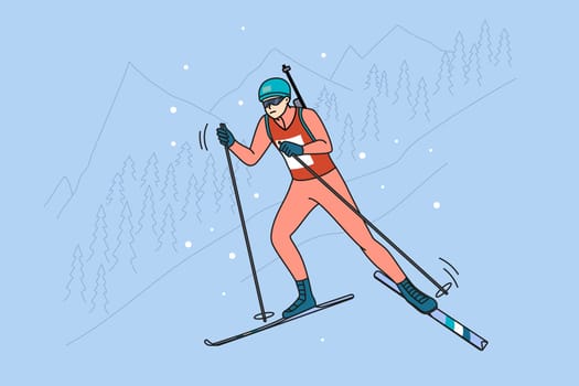 Man athlete in outerwear take part in biathlon competition in winter mountains. Sportsman ski participate in race. Sport and competition concept. Vector illustration.