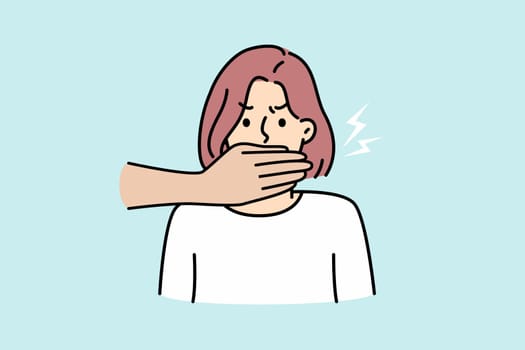 Hands cover woman mouth prohibit to speak. Concept of censorship and restrictions on freedom of speech. Vector illustration.