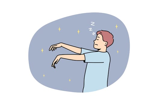 Man in pyjama sleepwalking at night. Young male asleep in pajama walking in sleep. Vector illustration.