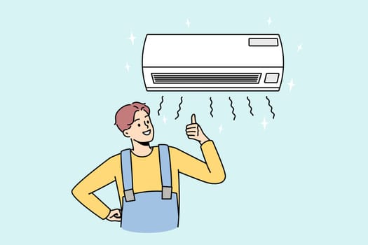 Smiling man technician showing thumb up installing conditioner indoors. Happy male specialist repair condition device recommend good quality service. Vector illustration.