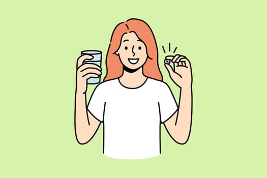 Happy young woman standing with glass of water take daily dose of vitamins. Happy girl take painkiller or antidepressant. Medication and drugs. Vector illustration.