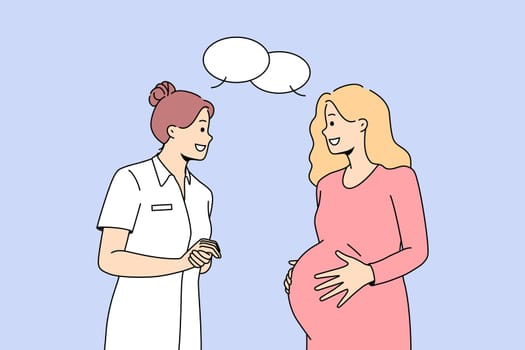 Gynecologist consult pregnant woman at hospital. Caring doctor or nurse talking with future mother. Pregnancy and maternity healthcare. Vector illustration.