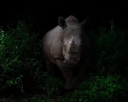 white rhinoceros walking in the dark tropical forest