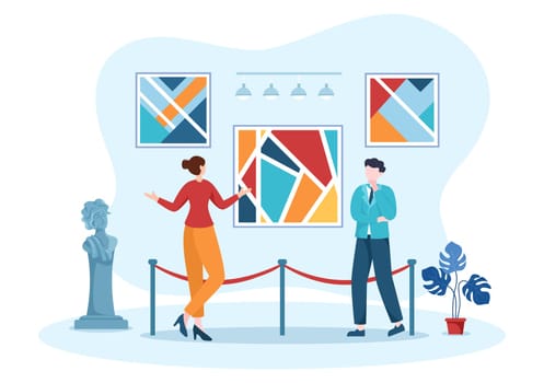 Art Gallery Museum Cartoon Illustration with Exhibition, Culture, Sculpture, Painting and Some People to See it in Flat Style Design
