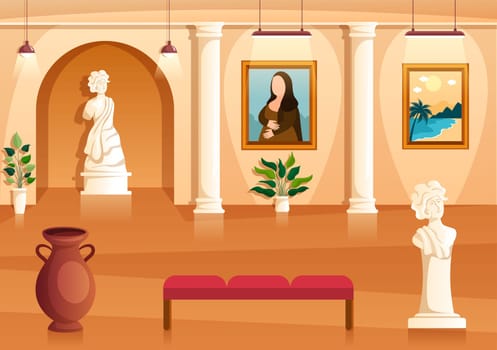 Art Gallery Museum Interior Cartoon Illustration Exhibition, Culture, Sculpture and Painting for Some People to See it in Flat Style Design