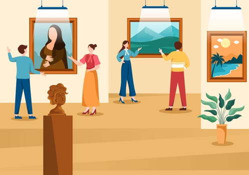 Art Gallery Museum Cartoon Illustration with Exhibition, Culture, Sculpture, Painting and Some People to See it in Flat Style Design