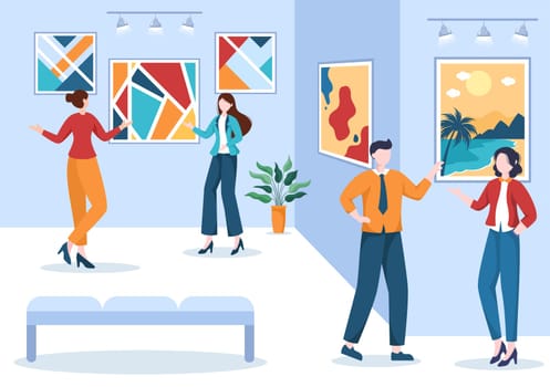 Art Gallery Museum Cartoon Illustration with Exhibition, Culture, Sculpture, Painting and Some People to See it in Flat Style Design