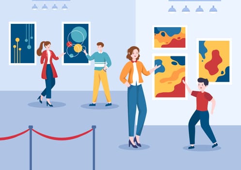 Art Gallery Museum Cartoon Illustration with Exhibition, Culture, Sculpture, Painting and Some People to See it in Flat Style Design