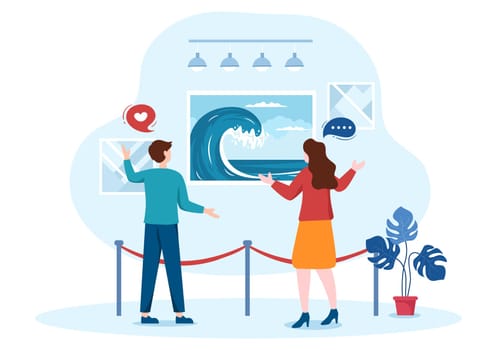 Art Gallery Museum Cartoon Illustration with Exhibition, Culture, Sculpture, Painting and Some People to See it in Flat Style Design
