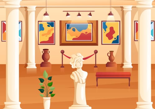 Art Gallery Museum Interior Cartoon Illustration Exhibition, Culture, Sculpture and Painting for Some People to See it in Flat Style Design
