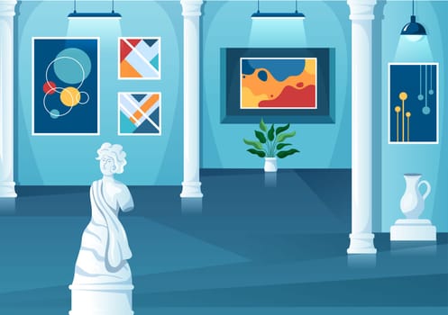 Art Gallery Museum Interior Cartoon Illustration Exhibition, Culture, Sculpture and Painting for Some People to See it in Flat Style Design