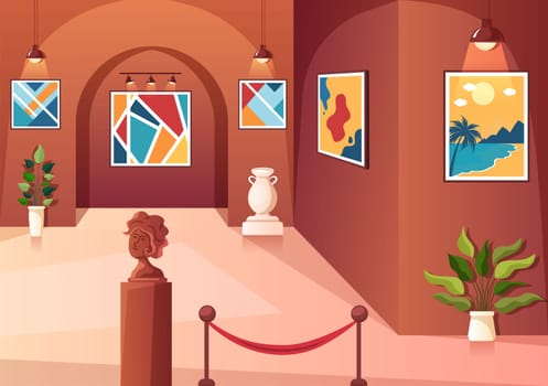 Art Gallery Museum Interior Cartoon Illustration Exhibition, Culture, Sculpture and Painting for Some People to See it in Flat Style Design