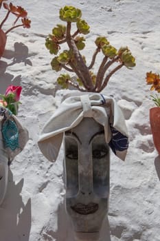Detergent containers reused as flowerpot and attached on outdoor wall. Magacela Historical ensemble, Badajoz, Extremadura, Spain