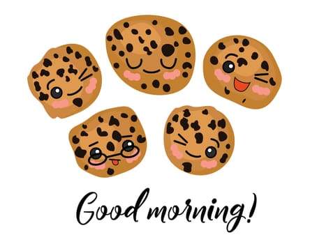 Good morning. Morning postcard. Oatmeal tea cookies with raisins and chocolate. Cute characters