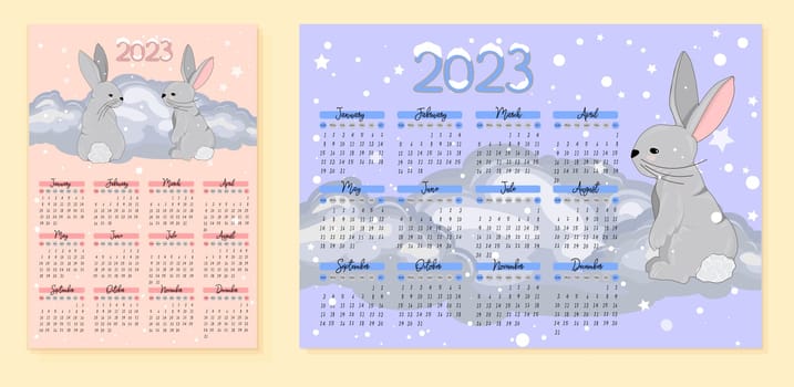 Calendar 2023 with cute rabbits. children's poster. Year of the cat and rabbit. Symbol of 2023. Vector illustration in trendy colors.