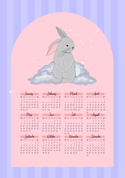 Calendar 2023 with cute rabbits. children's poster. Year of the cat and rabbit. Symbol of 2023. Vector illustration in trendy colors.