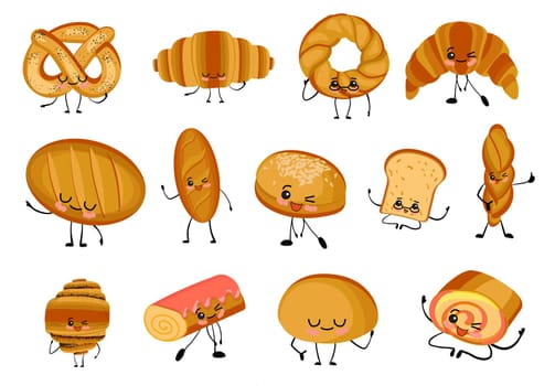 Large set of isolated illustrations on a white background. The bread is different. Baguette, loaf, sandwich buns, muffins and rolls. Wheat and rye bread products. Cute characters.