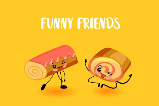 Bakery characters. Food made from flour. Sponge cake. Tasty breakfast. Cake with icing.