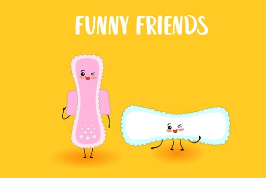 Sanitary pad. Personal hygiene products for women. Character with arms and legs..