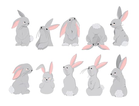 Rabbits character set. Symbol of 2023. Year of the rabbit. Cute hare isolated on white background.Vector illustration.