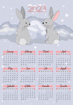 Calendar 2023 with cute rabbits. children's poster. Year of the cat and rabbit. Symbol of 2023. Vector illustration in trendy colors.