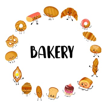 Set of funny bread, bakery characters with human faces, cartoon vector illustration isolated on a white background. Smiling white, rye and whole wheat bread, loaf, baguette, croissant, bun characters