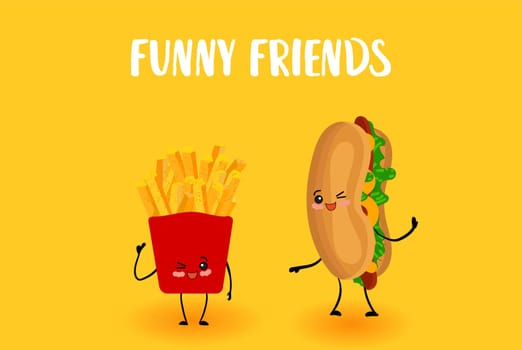 Hot Dog and French Fries. CHARACTER WITH SMILE.