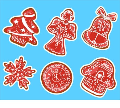 Set of New Year stickers. Christmas gingerbread cookies with icing. Biscuit cookies.