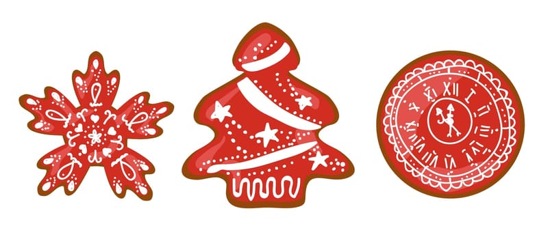 Christmas gingerbread cookies. Sweets with icing. New Year's desserts. Red color.
