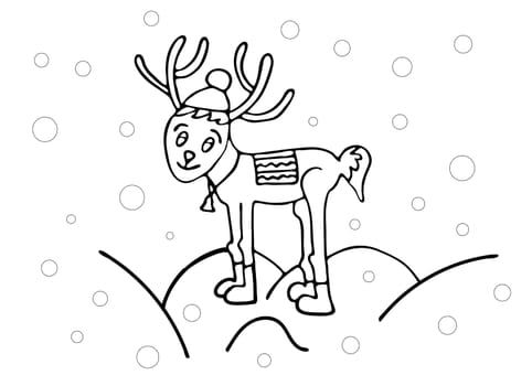 Coloring book for children. New Year theme. Reindeer is cute. Linear black and white drawing.